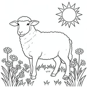 solo, chủ đề đơn, một đầu, hai mắt, hai tai, bốn chân, một đuôi, tỷ lệ tự nhiên, quy mô thích hợp trong môi trường, đúng giải phẫu, Cừu, mặt trời, mùa xuân, vườn, cúc, cỏ, ánh sáng mặt trời, rõ ràng, đơn giản, sạch sẽ, lý lịch, trang màu, nghệ thuật đường, nền trắng, solo, chủ đề đơn, đúng về mặt giải phẫu, giải phẫu hoàn hảo