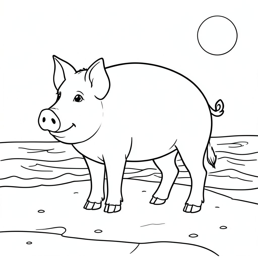 solo, chủ đề đơn, một đầu, hai mắt, hai tai, bốn chân, một đuôi, tỷ lệ tự nhiên, quy mô thích hợp trong môi trường, đúng giải phẫu, Con lợn, Bãi biển cát, cát, Nước, sóng, rõ ràng, ánh sáng mặt trời, ấm áp, nhẹ nhàng, đơn giản, sạch sẽ, trang màu, nghệ thuật đường, nền trắng, solo, chủ đề đơn, đúng về mặt giải phẫu, giải phẫu hoàn hảo