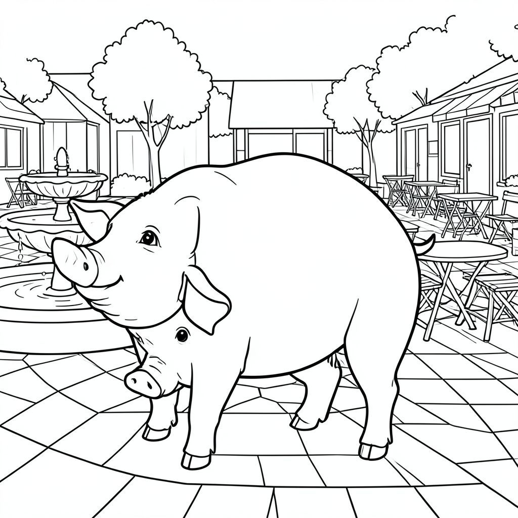 solo, chủ đề đơn, một đầu, hai mắt, hai tai, bốn chân, một đuôi, tỷ lệ tự nhiên, quy mô thích hợp trong môi trường, đúng giải phẫu, Con lợn, quảng trường, quảng trường, đài phun nước, Nước, bàn, quán cà phê, lý lịch, đơn giản, sạch sẽ, hình vuông, trang màu, nghệ thuật đường, nền trắng, solo, chủ đề đơn, đúng về mặt giải phẫu, giải phẫu hoàn hảo