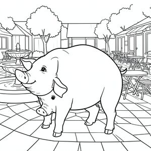 solo, chủ đề đơn, một đầu, hai mắt, hai tai, bốn chân, một đuôi, tỷ lệ tự nhiên, quy mô thích hợp trong môi trường, đúng giải phẫu, Con lợn, quảng trường, quảng trường, đài phun nước, Nước, bàn, quán cà phê, lý lịch, đơn giản, sạch sẽ, hình vuông, trang màu, nghệ thuật đường, nền trắng, solo, chủ đề đơn, đúng về mặt giải phẫu, giải phẫu hoàn hảo