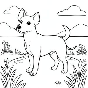 solo, chủ đề đơn, một đầu, hai mắt, hai tai, bốn chân, một đuôi, tỷ lệ tự nhiên, quy mô thích hợp trong môi trường, đúng giải phẫu,, lạch, đồng cỏ, đồng cỏ, đồng cỏ, bằng phẳng, đơn giản, sạch sẽ, phong cảnh, đường chân trời, bầu trời, trang màu, nghệ thuật đường, nền trắng, solo, chủ đề đơn, đúng về mặt giải phẫu, giải phẫu hoàn hảo