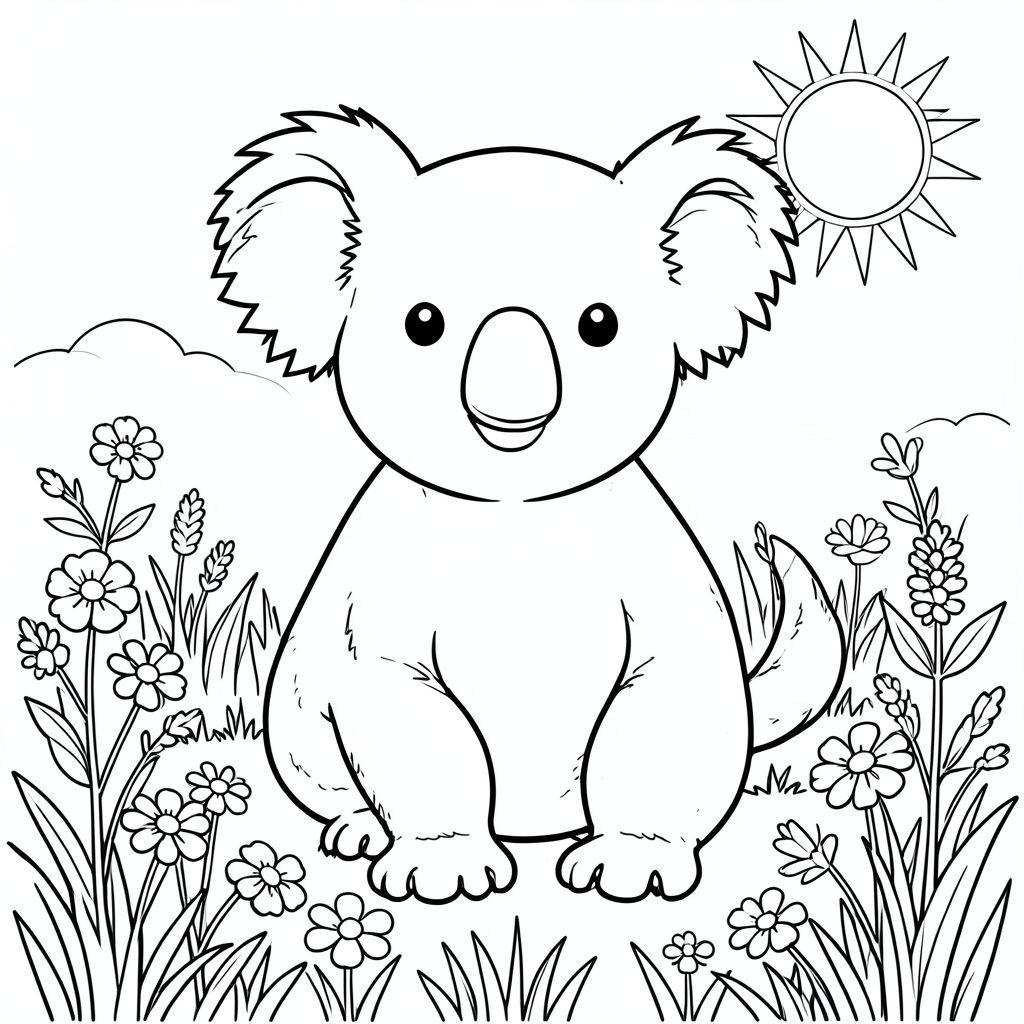 solo, chủ đề đơn, một đầu, hai mắt, hai tai, bốn chân, một đuôi, tỷ lệ tự nhiên, quy mô thích hợp trong môi trường, đúng giải phẫu, Koala, Hoa dại, đồng cỏ, mặt trời, ấm áp, mùa hè, gió, trong sáng, bầu trời, cỏ, hoa, trang màu, nghệ thuật đường, nền trắng, solo, chủ đề đơn, đúng về mặt giải phẫu, giải phẫu hoàn hảo