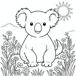 solo, chủ đề đơn, một đầu, hai mắt, hai tai, bốn chân, một đuôi, tỷ lệ tự nhiên, quy mô thích hợp trong môi trường, đúng giải phẫu, Koala, Hoa dại, đồng cỏ, mặt trời, ấm áp, mùa hè, gió, trong sáng, bầu trời, cỏ, hoa, trang màu, nghệ thuật đường, nền trắng, solo, chủ đề đơn, đúng về mặt giải phẫu, giải phẫu hoàn hảo