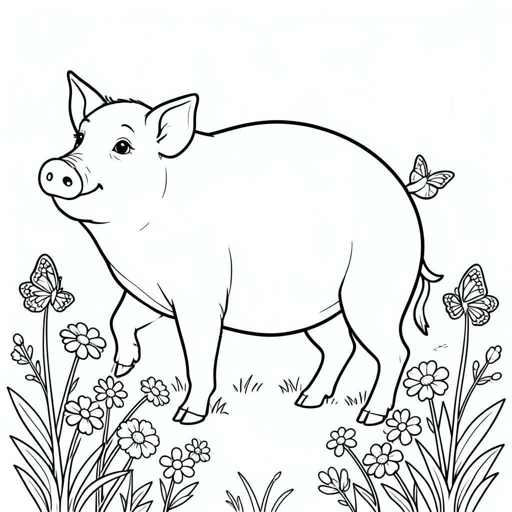 solo, chủ đề đơn, một đầu, hai mắt, hai tai, bốn chân, một đuôi, tỷ lệ tự nhiên, quy mô thích hợp trong môi trường, đúng giải phẫu, Con lợn, Hoa, hoa dại, bướm, vườn, nhỏ, đơn giản, lý lịch, dọn dẹp, độc thân, hình minh họa, trang màu, nghệ thuật đường, nền trắng, solo, chủ đề đơn, đúng về mặt giải phẫu, giải phẫu hoàn hảo