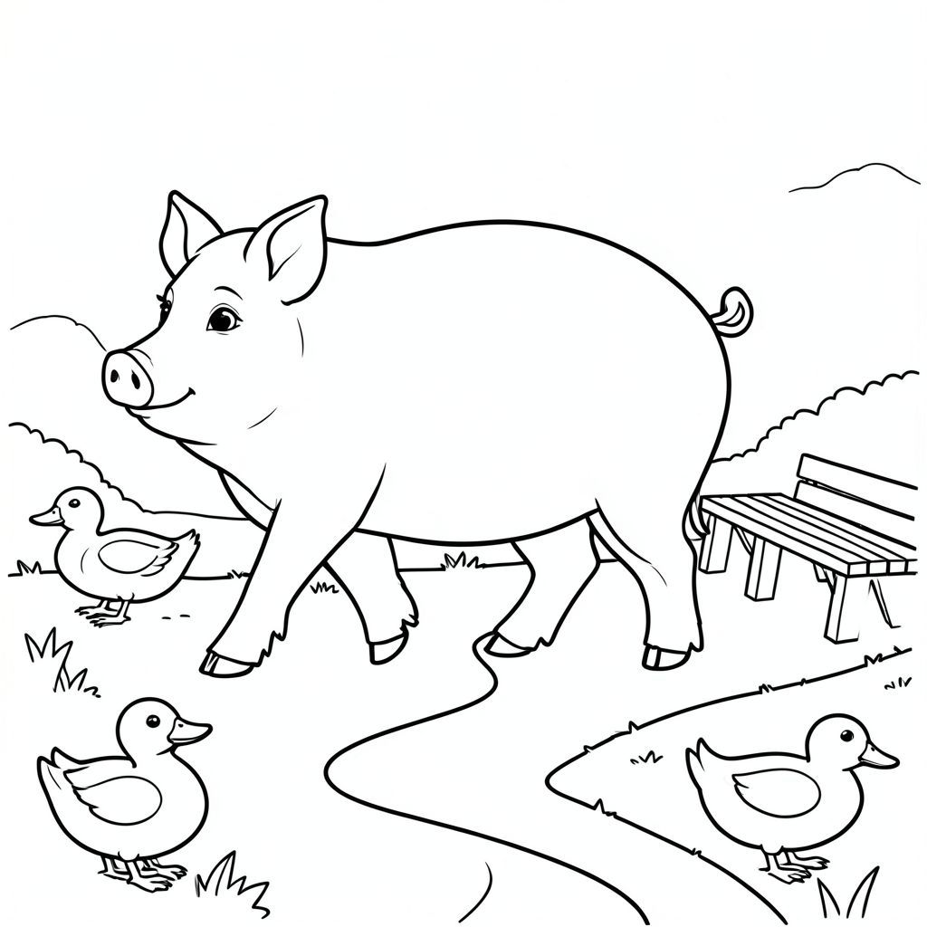 solo, chủ đề đơn, một đầu, hai mắt, hai tai, bốn chân, một đuôi, tỷ lệ tự nhiên, quy mô thích hợp trong môi trường, đúng giải phẫu, Con lợn, kênh, con đường, đi bộ, đường mòn, vịt, băng ghế, yên tĩnh, yên bình, đơn giản, sạch sẽ, trang màu, nghệ thuật đường, nền trắng, solo, chủ đề đơn, đúng về mặt giải phẫu, giải phẫu hoàn hảo