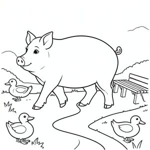 solo, chủ đề đơn, một đầu, hai mắt, hai tai, bốn chân, một đuôi, tỷ lệ tự nhiên, quy mô thích hợp trong môi trường, đúng giải phẫu, Con lợn, kênh, con đường, đi bộ, đường mòn, vịt, băng ghế, yên tĩnh, yên bình, đơn giản, sạch sẽ, trang màu, nghệ thuật đường, nền trắng, solo, chủ đề đơn, đúng về mặt giải phẫu, giải phẫu hoàn hảo