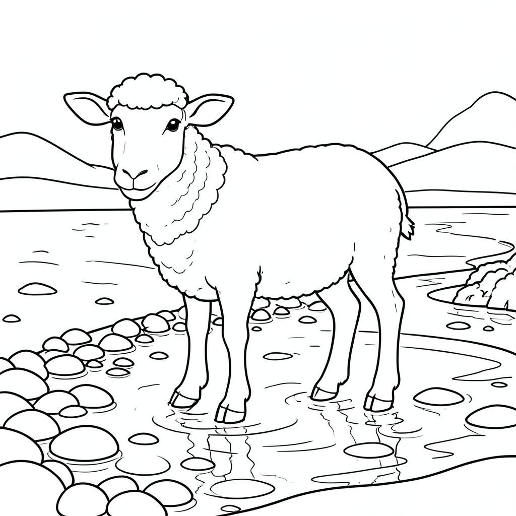 solo, chủ đề đơn, một đầu, hai mắt, hai tai, bốn chân, một đuôi, tỷ lệ tự nhiên, quy mô thích hợp trong môi trường, đúng giải phẫu, Cừu, Bờ sông, đá mịn, nước nông, nước trong, bãi biển, cát, ánh sáng mặt trời, nền đơn giản, dọn dẹp, đường chân trời, trang màu, nghệ thuật đường, nền trắng, solo, chủ đề đơn, đúng về mặt giải phẫu, giải phẫu hoàn hảo