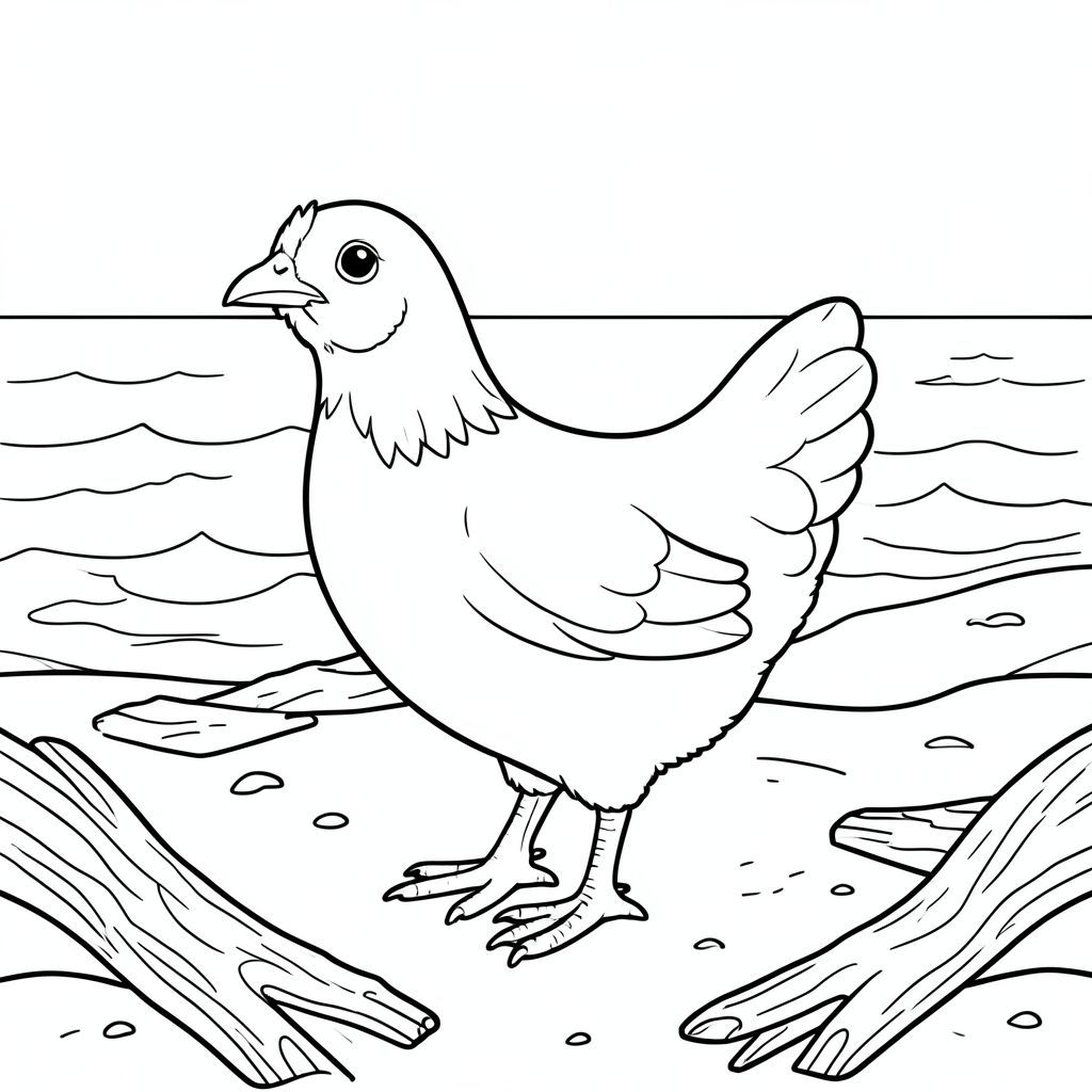 solo, một con chim, một đầu, hai mắt, một mỏ, hai cánh, hai chân, một đuôi, tỷ lệ tự nhiên, quy mô thích hợp trong môi trường, đúng giải phẫu, gà, bờ biển, cát, lũa, chỗ ngồi, ánh sáng mặt trời, ấm áp, trong sáng, đại dương, sóng, trang màu, nghệ thuật đường, nền trắng, solo, chủ đề đơn, chính xác về mặt giải phẫu, giải phẫu hoàn hảo