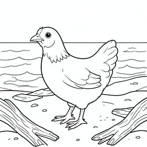 solo, một con chim, một đầu, hai mắt, một mỏ, hai cánh, hai chân, một đuôi, tỷ lệ tự nhiên, quy mô thích hợp trong môi trường, đúng giải phẫu, gà, bờ biển, cát, lũa, chỗ ngồi, ánh sáng mặt trời, ấm áp, trong sáng, đại dương, sóng, trang màu, nghệ thuật đường, nền trắng, solo, chủ đề đơn, chính xác về mặt giải phẫu, giải phẫu hoàn hảo