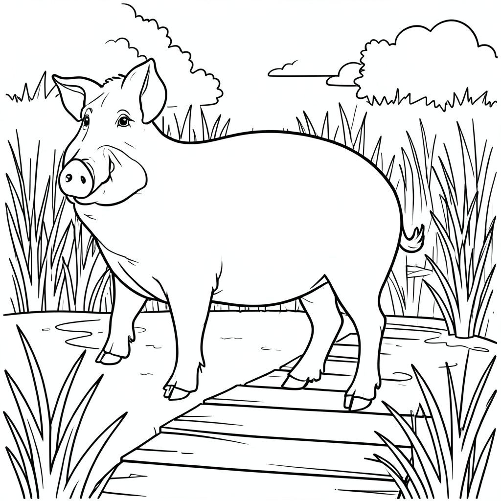 solo, chủ đề đơn, một đầu, hai mắt, hai tai, bốn chân, một đuôi, tỷ lệ tự nhiên, quy mô thích hợp trong môi trường, đúng giải phẫu, Con lợn, Đầm lầy, đất ngập nước, lối đi lát ván, con đường, đơn giản, dọn dẹp, lý lịch, tuyến tính, nghệ thuật, hàng, trang màu, nghệ thuật đường, nền trắng, solo, chủ đề đơn, đúng về mặt giải phẫu, giải phẫu hoàn hảo