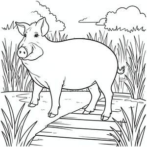 solo, chủ đề đơn, một đầu, hai mắt, hai tai, bốn chân, một đuôi, tỷ lệ tự nhiên, quy mô thích hợp trong môi trường, đúng giải phẫu, Con lợn, Đầm lầy, đất ngập nước, lối đi lát ván, con đường, đơn giản, dọn dẹp, lý lịch, tuyến tính, nghệ thuật, hàng, trang màu, nghệ thuật đường, nền trắng, solo, chủ đề đơn, đúng về mặt giải phẫu, giải phẫu hoàn hảo