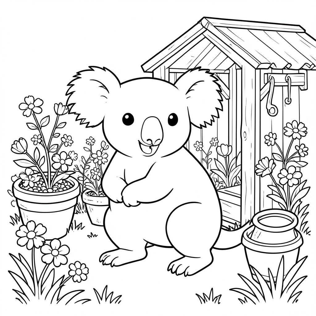 solo, chủ đề đơn, một đầu, hai mắt, hai tai, bốn chân, một đuôi, tỷ lệ tự nhiên, quy mô thích hợp trong môi trường, đúng giải phẫu, Koala, vườn, nhà kho, đất nung, chậu, công cụ, móc, vườn, hoa, cỏ, đơn giản, trang màu, nghệ thuật đường, nền trắng, solo, chủ đề đơn, đúng về mặt giải phẫu, giải phẫu hoàn hảo