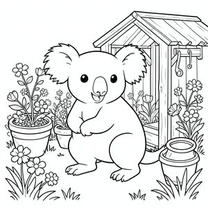 solo, chủ đề đơn, một đầu, hai mắt, hai tai, bốn chân, một đuôi, tỷ lệ tự nhiên, quy mô thích hợp trong môi trường, đúng giải phẫu, Koala, vườn, nhà kho, đất nung, chậu, công cụ, móc, vườn, hoa, cỏ, đơn giản, trang màu, nghệ thuật đường, nền trắng, solo, chủ đề đơn, đúng về mặt giải phẫu, giải phẫu hoàn hảo