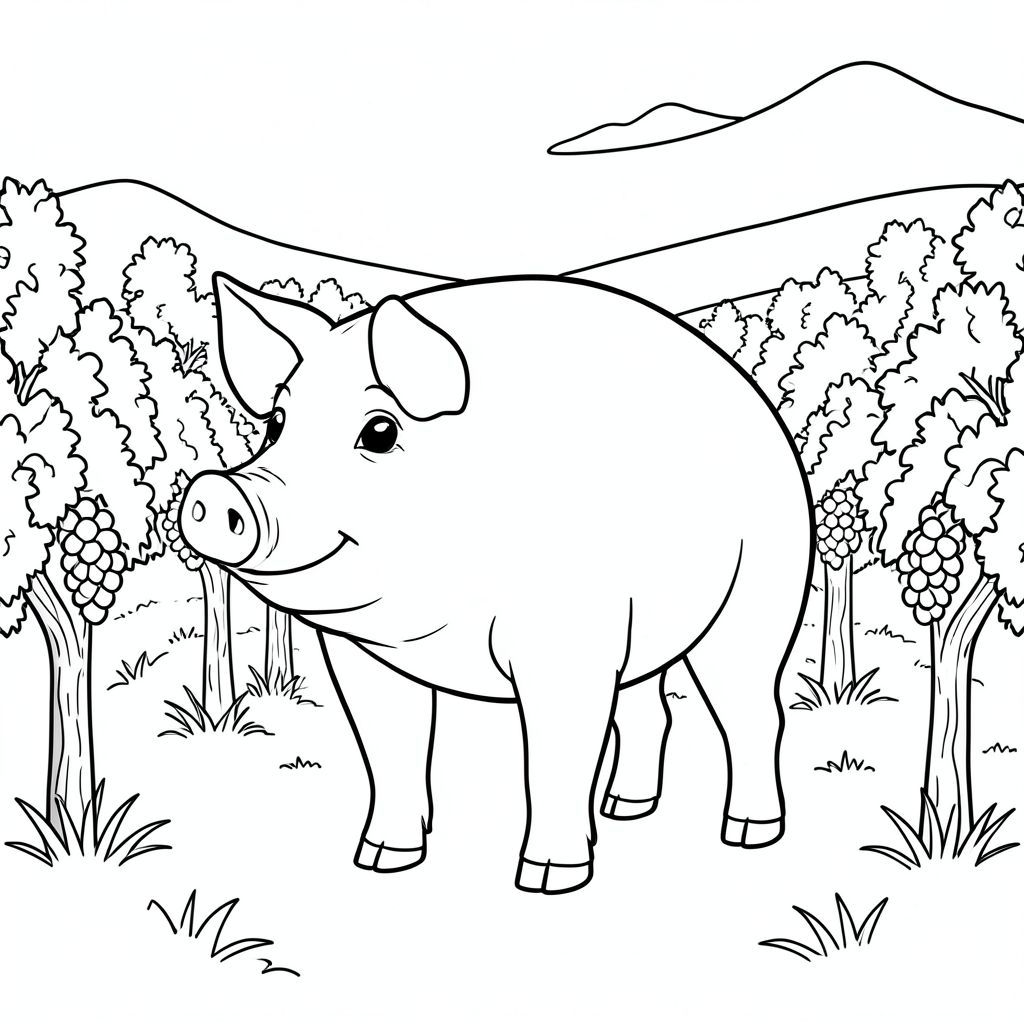 solo, chủ đề đơn, một đầu, hai mắt, hai tai, bốn chân, một đuôi, tỷ lệ tự nhiên, quy mô thích hợp trong môi trường, đúng giải phẫu, con lợn, vườn nho, hàng, dây leo nho, ấm áp, buổi chiều, ánh sáng mặt trời, đơn giản, sạch sẽ, lý lịch, phong cảnh, trang tô màu, nghệ thuật đường, nền trắng, solo, chủ đề đơn, đúng giải phẫu, giải phẫu hoàn hảo