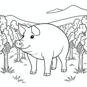 solo, chủ đề đơn, một đầu, hai mắt, hai tai, bốn chân, một đuôi, tỷ lệ tự nhiên, quy mô thích hợp trong môi trường, đúng giải phẫu, con lợn, vườn nho, hàng, dây leo nho, ấm áp, buổi chiều, ánh sáng mặt trời, đơn giản, sạch sẽ, lý lịch, phong cảnh, trang tô màu, nghệ thuật đường, nền trắng, solo, chủ đề đơn, đúng giải phẫu, giải phẫu hoàn hảo