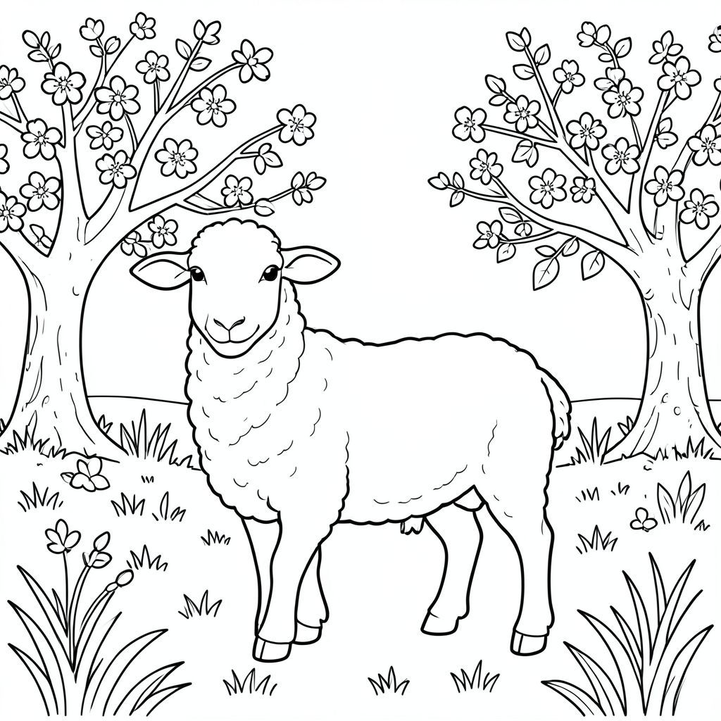 solo, chủ đề đơn, một đầu, hai mắt, hai tai, bốn chân, một đuôi, tỷ lệ tự nhiên, quy mô thích hợp trong môi trường, đúng về mặt giải phẫu, Cừu, vườn cây ăn quả, cây cối, hoa, cánh hoa, mùa xuân, ánh sáng mặt trời, lá, cỏ, cánh đồng, đơn giản, trang màu, nghệ thuật đường, nền trắng, solo, chủ đề đơn, đúng về mặt giải phẫu, giải phẫu hoàn hảo