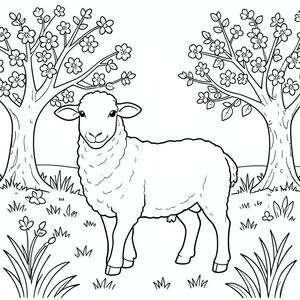 solo, chủ đề đơn, một đầu, hai mắt, hai tai, bốn chân, một đuôi, tỷ lệ tự nhiên, quy mô thích hợp trong môi trường, đúng về mặt giải phẫu, Cừu, vườn cây ăn quả, cây cối, hoa, cánh hoa, mùa xuân, ánh sáng mặt trời, lá, cỏ, cánh đồng, đơn giản, trang màu, nghệ thuật đường, nền trắng, solo, chủ đề đơn, đúng về mặt giải phẫu, giải phẫu hoàn hảo