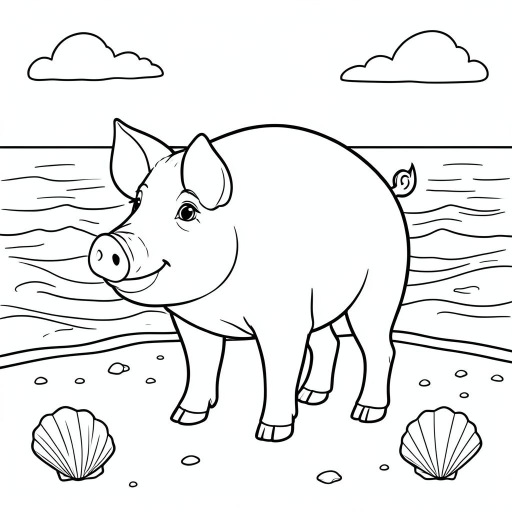 solo, chủ đề đơn, một đầu, hai mắt, hai tai, bốn chân, một đuôi, tỷ lệ tự nhiên, quy mô thích hợp trong môi trường, đúng giải phẫu, Con lợn, Bãi biển cát, sóng, vỏ sò, cát, ánh sáng mặt trời, nước trong, điềm tĩnh, nhẹ nhàng, đường chân trời, bầu trời, tô màu, nghệ thuật đường, nền trắng, solo, chủ đề đơn, đúng về mặt giải phẫu, giải phẫu hoàn hảo