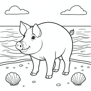 solo, chủ đề đơn, một đầu, hai mắt, hai tai, bốn chân, một đuôi, tỷ lệ tự nhiên, quy mô thích hợp trong môi trường, đúng giải phẫu, Con lợn, Bãi biển cát, sóng, vỏ sò, cát, ánh sáng mặt trời, nước trong, điềm tĩnh, nhẹ nhàng, đường chân trời, bầu trời, tô màu, nghệ thuật đường, nền trắng, solo, chủ đề đơn, đúng về mặt giải phẫu, giải phẫu hoàn hảo