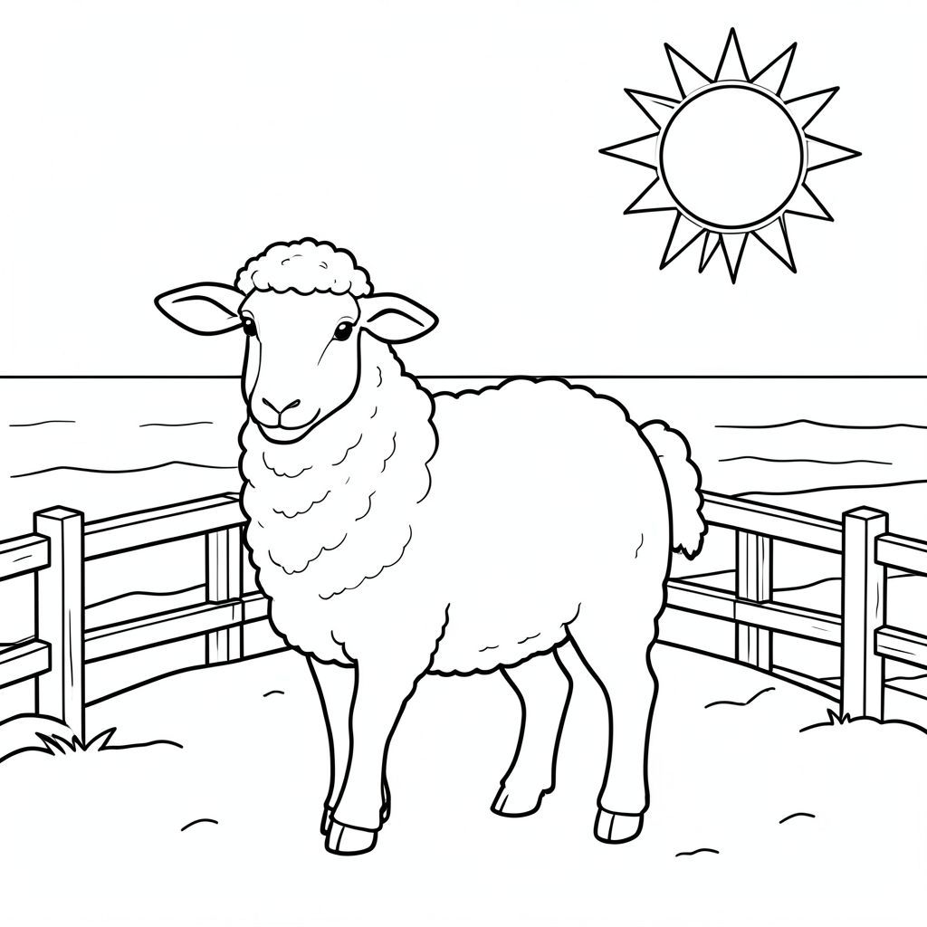 solo, chủ đề đơn, một đầu, hai mắt, hai tai, bốn chân, một đuôi, tỷ lệ tự nhiên, quy mô thích hợp trong môi trường, đúng giải phẫu, Cừu, mặt trời, bờ biển, lối đi lát ván, Lan can gỗ, đơn giản, dọn dẹp, lý lịch, nắng, đại dương, cát, trang màu, nghệ thuật đường, nền trắng, solo, chủ đề đơn, đúng về mặt giải phẫu, giải phẫu hoàn hảo