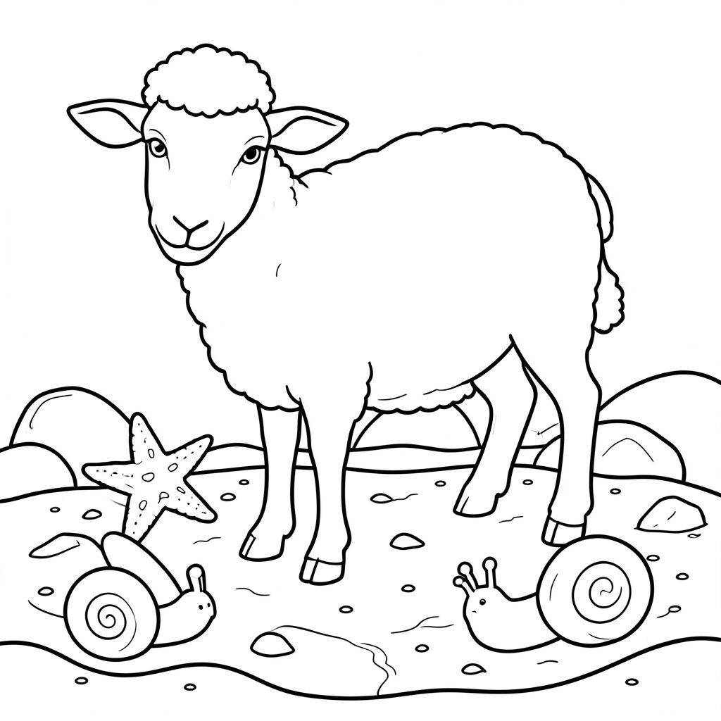 solo, chủ đề đơn, một đầu, hai mắt, hai tai, bốn chân, một đuôi, tỷ lệ tự nhiên, quy mô thích hợp trong môi trường, đúng giải phẫu, Cừu, Hồ thủy triều, sao biển, ốc sên, đá, cát, nước, rõ ràng, nông, nhỏ, đơn giản, tô màu, nghệ thuật đường, nền trắng, solo, chủ đề đơn, đúng giải phẫu, giải phẫu hoàn hảo