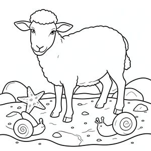 solo, chủ đề đơn, một đầu, hai mắt, hai tai, bốn chân, một đuôi, tỷ lệ tự nhiên, quy mô thích hợp trong môi trường, đúng giải phẫu, Cừu, Hồ thủy triều, sao biển, ốc sên, đá, cát, nước, rõ ràng, nông, nhỏ, đơn giản, tô màu, nghệ thuật đường, nền trắng, solo, chủ đề đơn, đúng giải phẫu, giải phẫu hoàn hảo