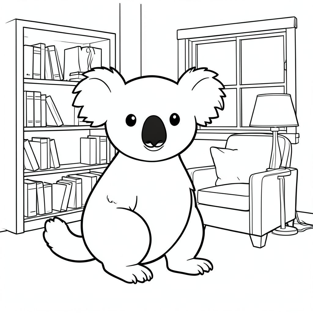 solo, chủ đề đơn, một đầu, hai mắt, hai tai, bốn chân, một đuôi, tỷ lệ tự nhiên, quy mô thích hợp trong môi trường, đúng giải phẫu, Koala, Giá sách, ghế bành, đèn, Cửa sổ, Gỗ, đơn giản, sạch sẽ, ấm cúng, nhỏ, Sách truyện, trang màu, nghệ thuật đường, nền trắng, solo, chủ đề đơn, đúng giải phẫu, giải phẫu hoàn hảo