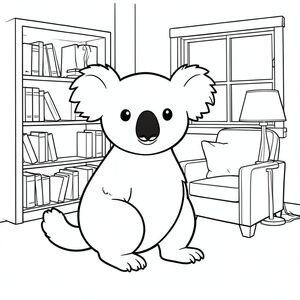 solo, chủ đề đơn, một đầu, hai mắt, hai tai, bốn chân, một đuôi, tỷ lệ tự nhiên, quy mô thích hợp trong môi trường, đúng giải phẫu, Koala, Giá sách, ghế bành, đèn, Cửa sổ, Gỗ, đơn giản, sạch sẽ, ấm cúng, nhỏ, Sách truyện, trang màu, nghệ thuật đường, nền trắng, solo, chủ đề đơn, đúng giải phẫu, giải phẫu hoàn hảo