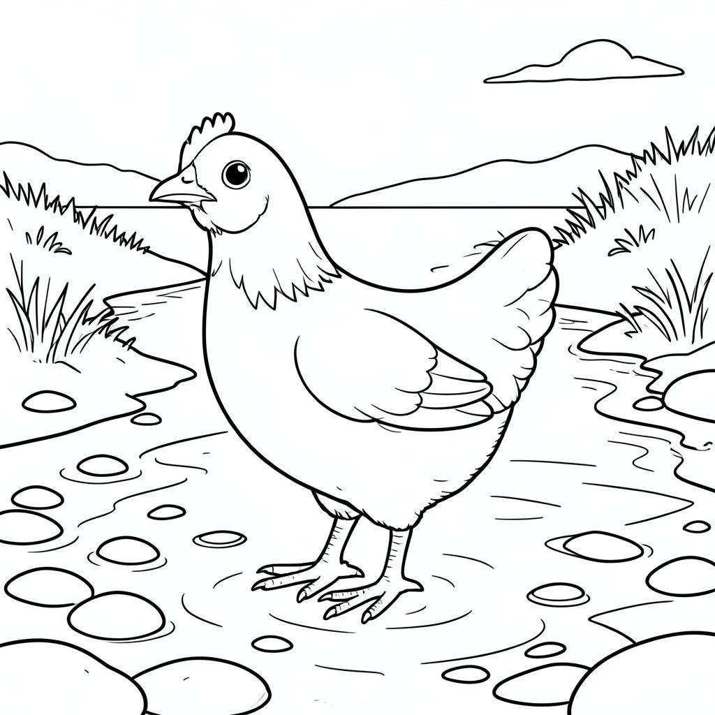 solo, một con chim, một đầu, hai mắt, một mỏ, hai cánh, hai chân, một đuôi, tỷ lệ tự nhiên, quy mô thích hợp trong môi trường, đúng giải phẫu, gà, kênh thủy triều, cồn cát, nước nông, nước ấm, nước trong, ánh sáng mặt trời, đá mịn, cát, gió, đường chân trời, trang màu, nghệ thuật đường nét, nền trắng, solo, chủ đề đơn, đúng giải phẫu, giải phẫu hoàn hảo