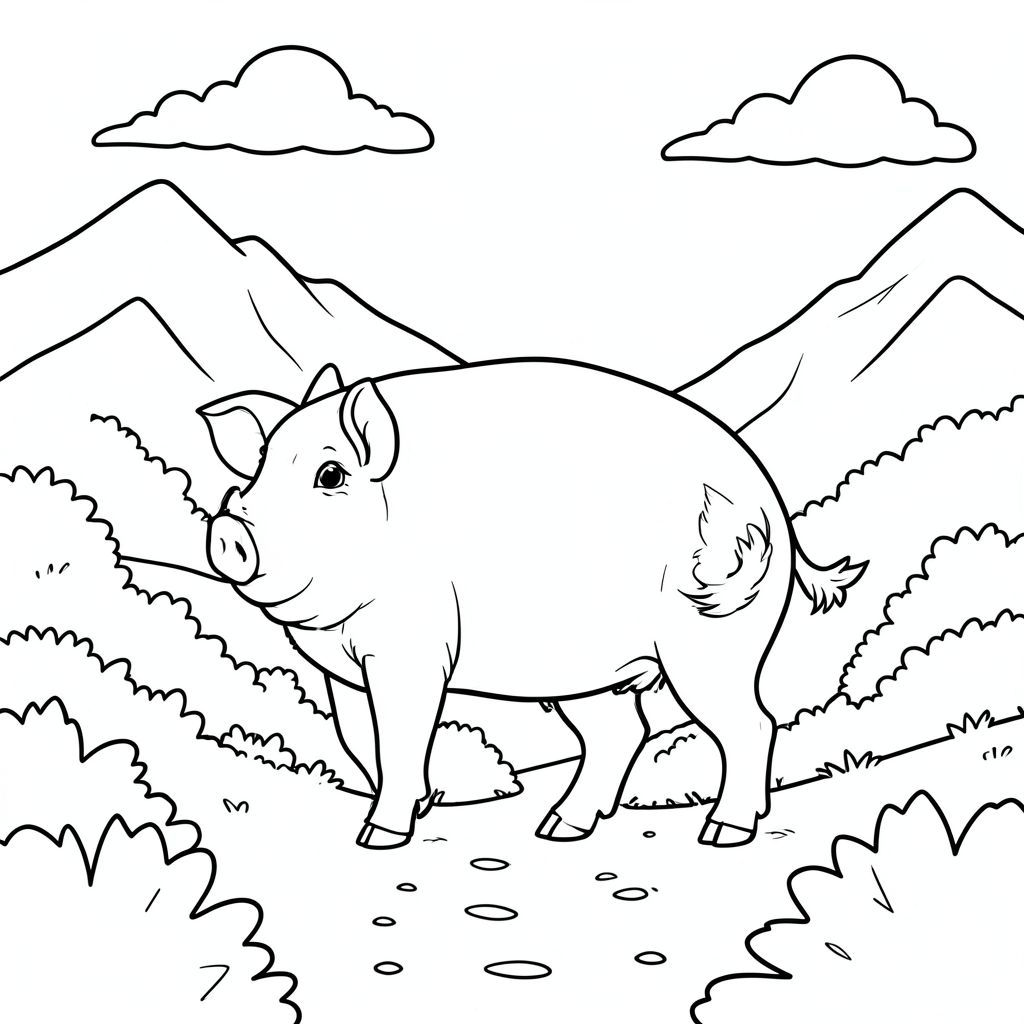 solo, chủ đề đơn, một đầu, hai mắt, hai tai, bốn chân, một đuôi, tỷ lệ tự nhiên, quy mô thích hợp trong môi trường, đúng giải phẫu, Con lợn, Núi, đường mòn, bụi cây, thấp, con đường, rõ ràng, Bầu trời, Ánh sáng mặt trời, đơn giản, lý lịch, trang màu, nghệ thuật đường, nền trắng, solo, chủ đề đơn, đúng về mặt giải phẫu, giải phẫu hoàn hảo