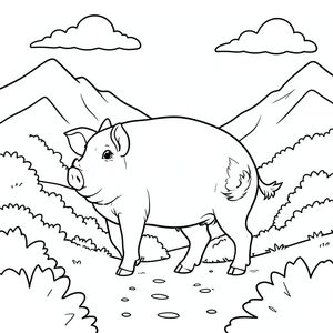 solo, chủ đề đơn, một đầu, hai mắt, hai tai, bốn chân, một đuôi, tỷ lệ tự nhiên, quy mô thích hợp trong môi trường, đúng giải phẫu, Con lợn, Núi, đường mòn, bụi cây, thấp, con đường, rõ ràng, Bầu trời, Ánh sáng mặt trời, đơn giản, lý lịch, trang màu, nghệ thuật đường, nền trắng, solo, chủ đề đơn, đúng về mặt giải phẫu, giải phẫu hoàn hảo