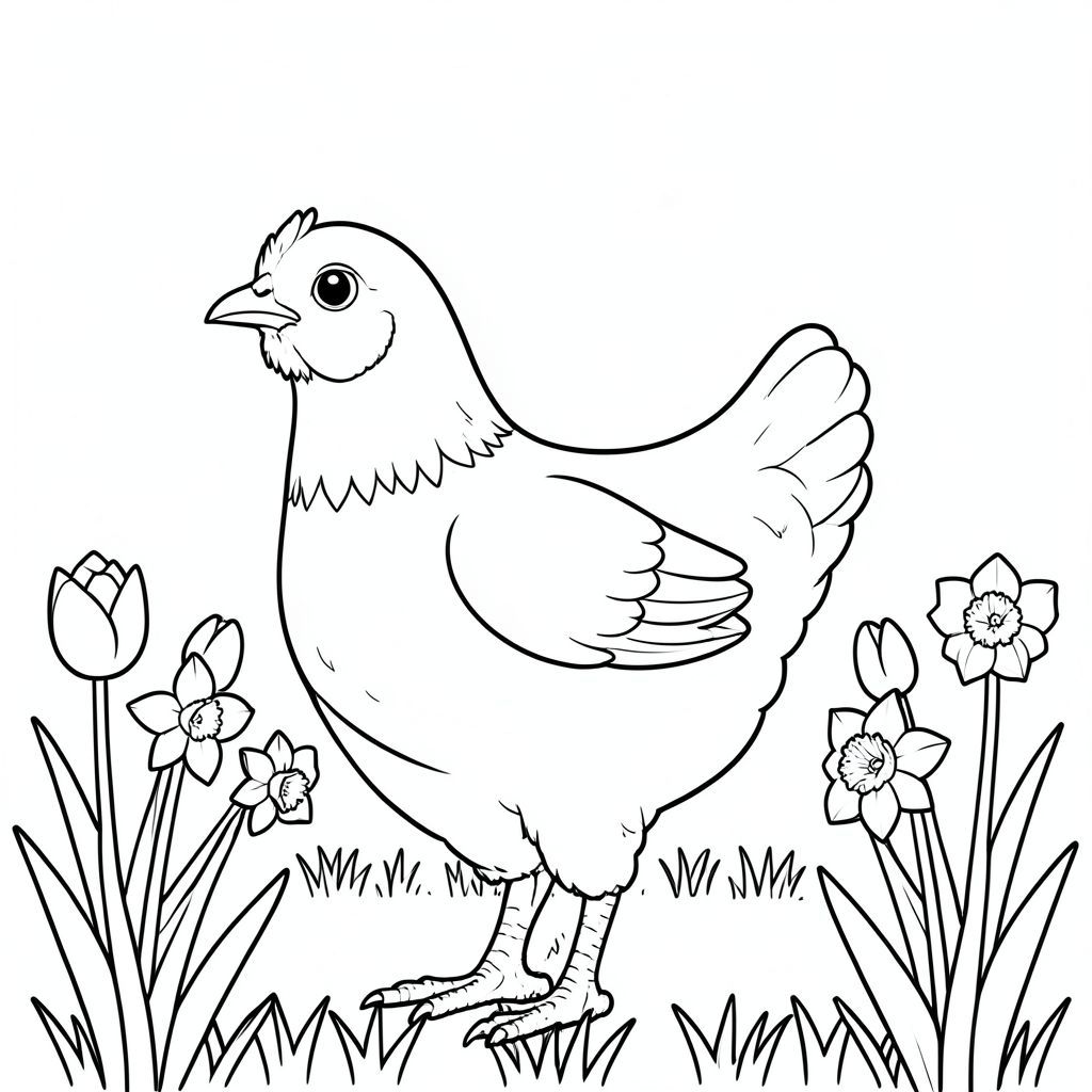 solo, một con chim, một đầu, hai mắt, một mỏ, hai cánh, hai chân, một đuôi, tỷ lệ tự nhiên, quy mô thích hợp trong môi trường, đúng giải phẫu, gà, hoa, vườn, hoa tulip, hoa thủy tiên, ánh sáng mặt trời, bầu trời quang đãng, cỏ, hàng, sắp xếp gọn gàng, nền đơn giản, trang màu, nghệ thuật đường, nền trắng, solo, chủ đề đơn, đúng giải phẫu, giải phẫu hoàn hảo