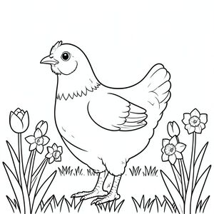 solo, một con chim, một đầu, hai mắt, một mỏ, hai cánh, hai chân, một đuôi, tỷ lệ tự nhiên, quy mô thích hợp trong môi trường, đúng giải phẫu, gà, hoa, vườn, hoa tulip, hoa thủy tiên, ánh sáng mặt trời, bầu trời quang đãng, cỏ, hàng, sắp xếp gọn gàng, nền đơn giản, trang màu, nghệ thuật đường, nền trắng, solo, chủ đề đơn, đúng giải phẫu, giải phẫu hoàn hảo