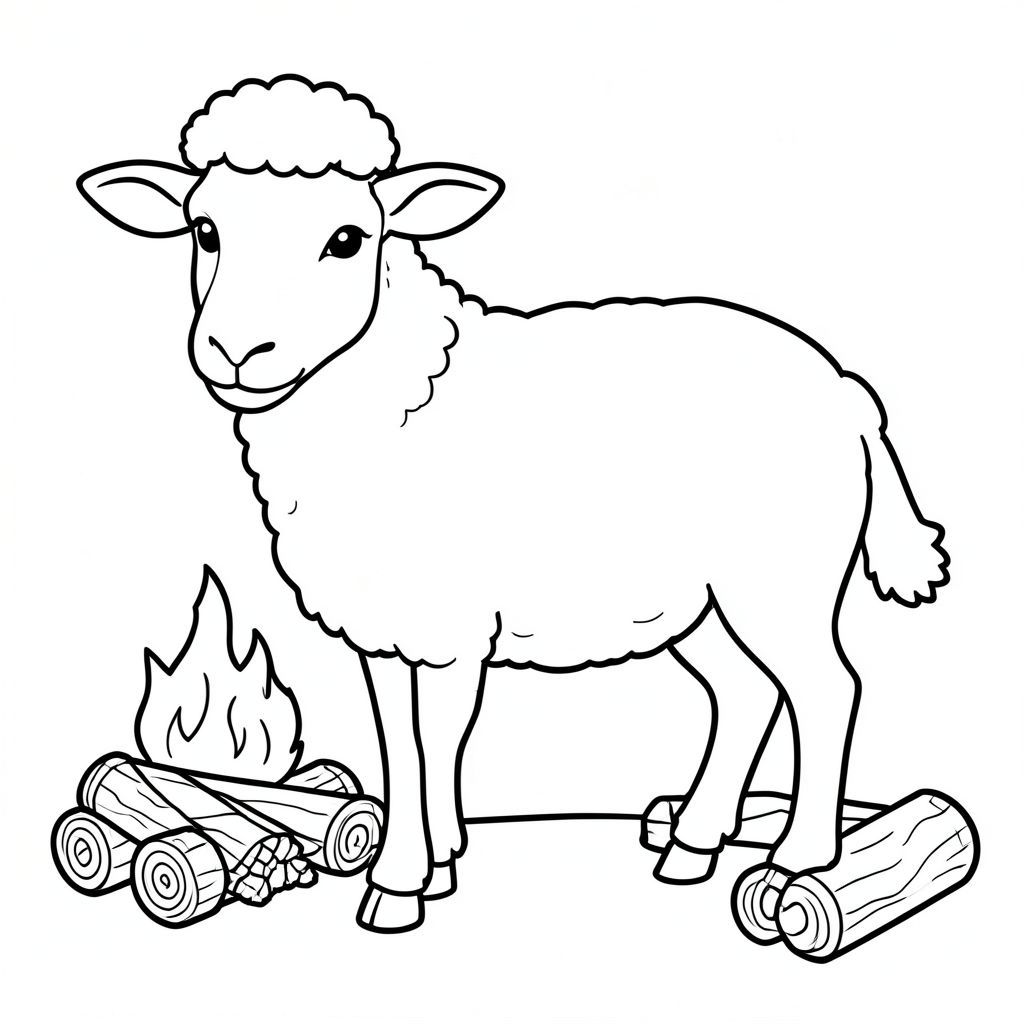 solo, chủ đề đơn, một đầu, hai mắt, hai tai, bốn chân, một đuôi, tỷ lệ tự nhiên, quy mô thích hợp trong môi trường, đúng giải phẫu, Cừu, Lửa, lò sưởi, nhật ký, nhỏ, đơn giản, sạch sẽ, ấm cúng, ấm áp, Nứt nẻ, Gỗ, trang màu, nghệ thuật đường, nền trắng, Solo, chủ đề đơn, đúng về mặt giải phẫu, giải phẫu hoàn hảo