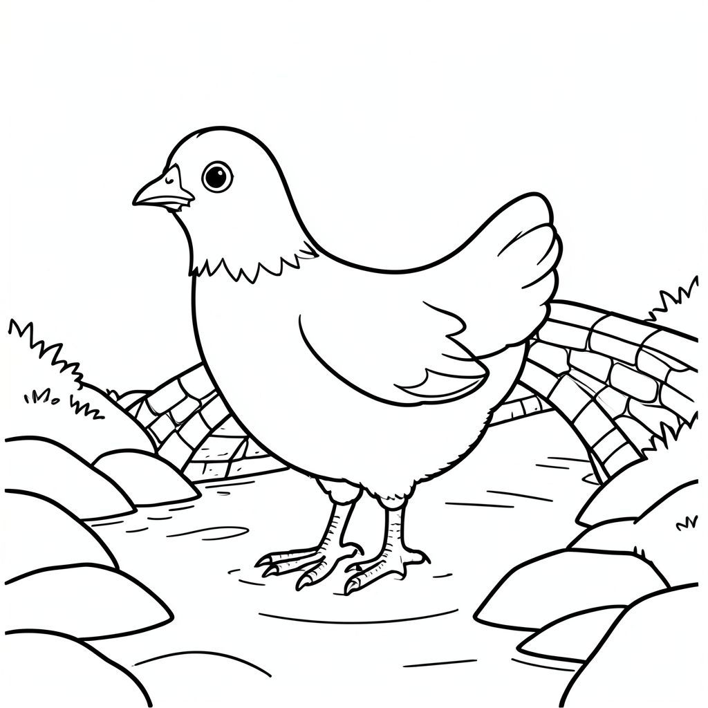 solo, một con chim, một đầu, hai mắt, một mỏ, hai cánh, hai chân, một đuôi, tỷ lệ tự nhiên, quy mô thích hợp trong môi trường, đúng giải phẫu, gà, suối, nước, đá, cầu, vòm, đá, hẹp, nhỏ, đơn giản, sạch sẽ, trang màu, nghệ thuật đường, nền trắng, solo, chủ đề đơn, đúng giải phẫu, giải phẫu hoàn hảo