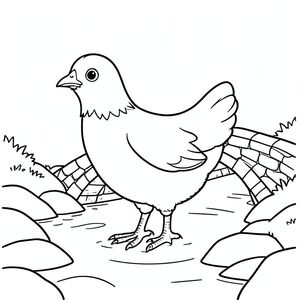 solo, một con chim, một đầu, hai mắt, một mỏ, hai cánh, hai chân, một đuôi, tỷ lệ tự nhiên, quy mô thích hợp trong môi trường, đúng giải phẫu, gà, suối, nước, đá, cầu, vòm, đá, hẹp, nhỏ, đơn giản, sạch sẽ, trang màu, nghệ thuật đường, nền trắng, solo, chủ đề đơn, đúng giải phẫu, giải phẫu hoàn hảo