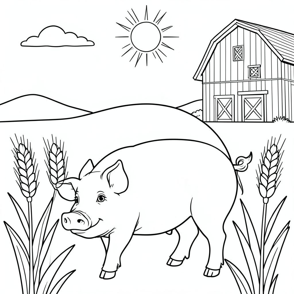 solo, chủ đề đơn, một đầu, hai mắt, hai tai, bốn chân, một đuôi, tỷ lệ tự nhiên, quy mô thích hợp trong môi trường, đúng giải phẫu, con lợn, lúa mì, cánh đồng, chuồng trại, đơn giản, sạch sẽ, lý lịch, mặt trời, bầu trời, đường chân trời, chân trời, đơn giản, trang màu, nghệ thuật đường nét, nền trắng, solo, chủ đề đơn, chính xác về mặt giải phẫu, giải phẫu hoàn hảo