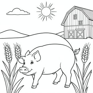 solo, chủ đề đơn, một đầu, hai mắt, hai tai, bốn chân, một đuôi, tỷ lệ tự nhiên, quy mô thích hợp trong môi trường, đúng giải phẫu, con lợn, lúa mì, cánh đồng, chuồng trại, đơn giản, sạch sẽ, lý lịch, mặt trời, bầu trời, đường chân trời, chân trời, đơn giản, trang màu, nghệ thuật đường nét, nền trắng, solo, chủ đề đơn, chính xác về mặt giải phẫu, giải phẫu hoàn hảo