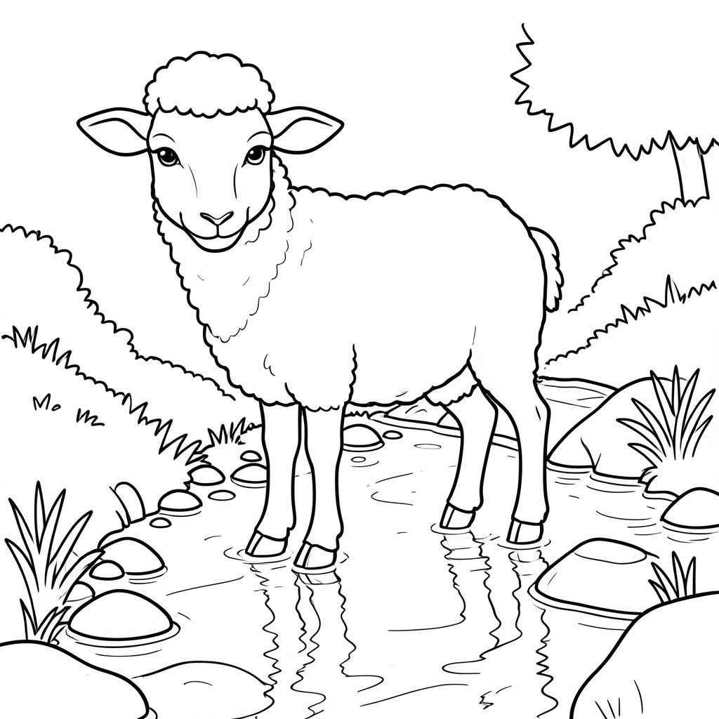 solo, chủ đề đơn, một đầu, hai mắt, hai tai, bốn chân, một đuôi, tỷ lệ tự nhiên, quy mô thích hợp trong môi trường, đúng giải phẫu, Cừu, Suối, đường đi, đá, nhẹ nhàng, nông, Nước, phản chiếu, rõ ràng, ánh sáng mặt trời, đơn giản, trang màu, nghệ thuật đường, nền trắng, solo, chủ đề đơn, đúng về mặt giải phẫu, giải phẫu hoàn hảo