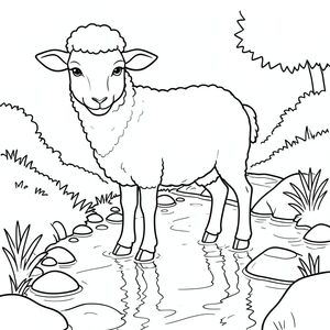 solo, chủ đề đơn, một đầu, hai mắt, hai tai, bốn chân, một đuôi, tỷ lệ tự nhiên, quy mô thích hợp trong môi trường, đúng giải phẫu, Cừu, Suối, đường đi, đá, nhẹ nhàng, nông, Nước, phản chiếu, rõ ràng, ánh sáng mặt trời, đơn giản, trang màu, nghệ thuật đường, nền trắng, solo, chủ đề đơn, đúng về mặt giải phẫu, giải phẫu hoàn hảo