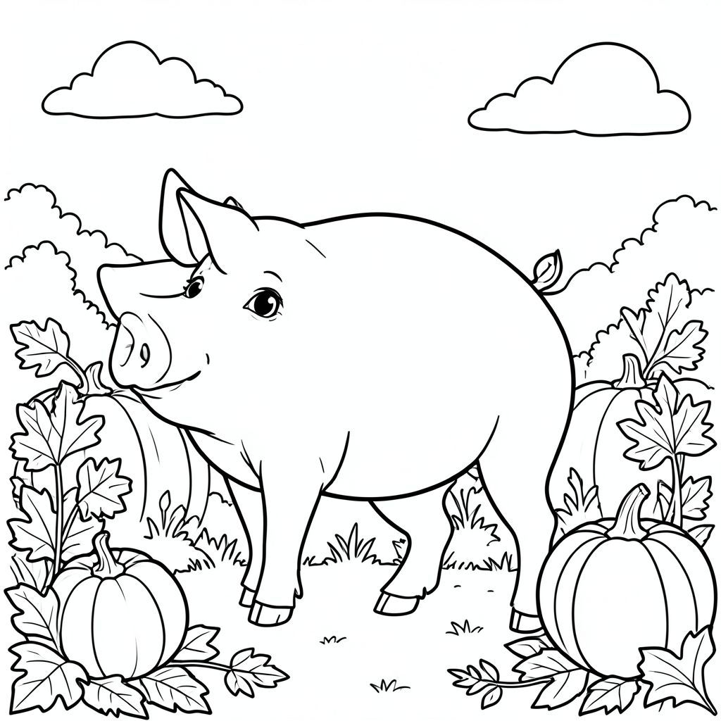 solo, chủ đề đơn, một đầu, hai mắt, hai tai, bốn chân, một đuôi, tỷ lệ tự nhiên, quy mô thích hợp trong môi trường, đúng giải phẫu, Con lợn, Bản vá bí ngô, mùa thu, buổi sáng, bầu, lá, ánh sáng mặt trời, bầu trời quang đãng, nền đơn giản, sạch sẽ, tuyến tính, trang màu, nghệ thuật đường nét, nền trắng, solo, chủ đề đơn, đúng giải phẫu, giải phẫu hoàn hảo