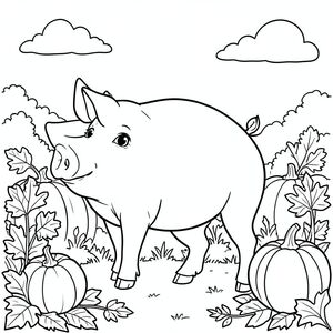 solo, chủ đề đơn, một đầu, hai mắt, hai tai, bốn chân, một đuôi, tỷ lệ tự nhiên, quy mô thích hợp trong môi trường, đúng giải phẫu, Con lợn, Bản vá bí ngô, mùa thu, buổi sáng, bầu, lá, ánh sáng mặt trời, bầu trời quang đãng, nền đơn giản, sạch sẽ, tuyến tính, trang màu, nghệ thuật đường nét, nền trắng, solo, chủ đề đơn, đúng giải phẫu, giải phẫu hoàn hảo