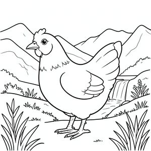 solo, một con chim, một đầu, hai mắt, một mỏ, hai cánh, hai chân, một đuôi, tỷ lệ tự nhiên, quy mô thích hợp trong môi trường, đúng giải phẫu, gà, núi, thác nước, đồng cỏ, xa, trong sáng, ánh sáng mặt trời, đơn giản, dọn dẹp, lý lịch, trang màu, nghệ thuật đường, nền trắng, solo, chủ đề đơn, đúng về mặt giải phẫu, giải phẫu hoàn hảo