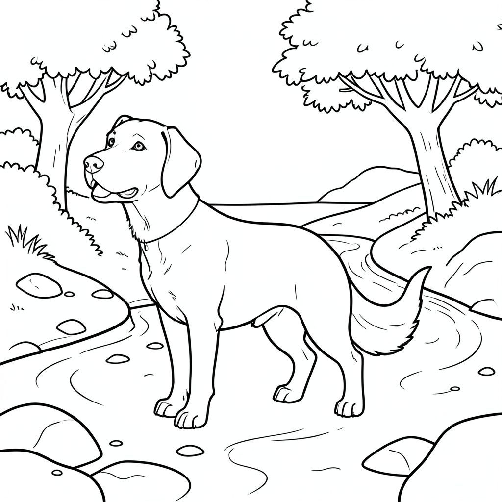 solo, chủ đề đơn, một đầu, hai mắt, hai tai, bốn chân, một đuôi, tỷ lệ tự nhiên, quy mô thích hợp trong môi trường, đúng giải phẫu,, Sông, uốn cong, cát, ngân hàng, cây, ánh sáng mặt trời, rõ ràng, mịn, ướt, đá, trang màu, nghệ thuật đường, nền trắng, solo, chủ đề đơn, đúng về mặt giải phẫu, giải phẫu hoàn hảo