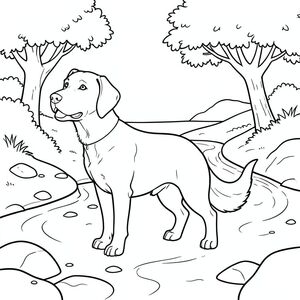 solo, chủ đề đơn, một đầu, hai mắt, hai tai, bốn chân, một đuôi, tỷ lệ tự nhiên, quy mô thích hợp trong môi trường, đúng giải phẫu,, Sông, uốn cong, cát, ngân hàng, cây, ánh sáng mặt trời, rõ ràng, mịn, ướt, đá, trang màu, nghệ thuật đường, nền trắng, solo, chủ đề đơn, đúng về mặt giải phẫu, giải phẫu hoàn hảo