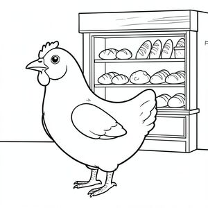 solo, một con chim, một đầu, hai mắt, một mỏ, hai cánh, hai chân, một đuôi, tỷ lệ tự nhiên, quy mô thích hợp trong môi trường, đúng về mặt giải phẫu, gà, cửa sổ tiệm bánh, trưng bà, bánh mì, bánh ngọt, ấm áp, đơn giản, dọn dẹp, lý lịch, mặt tiền cửa hàng, đồ cũ, trang tô màu, nghệ thuật đường, nền trắng, solo, chủ đề đơn, chính xác về mặt giải phẫu, giải phẫu hoàn hảo