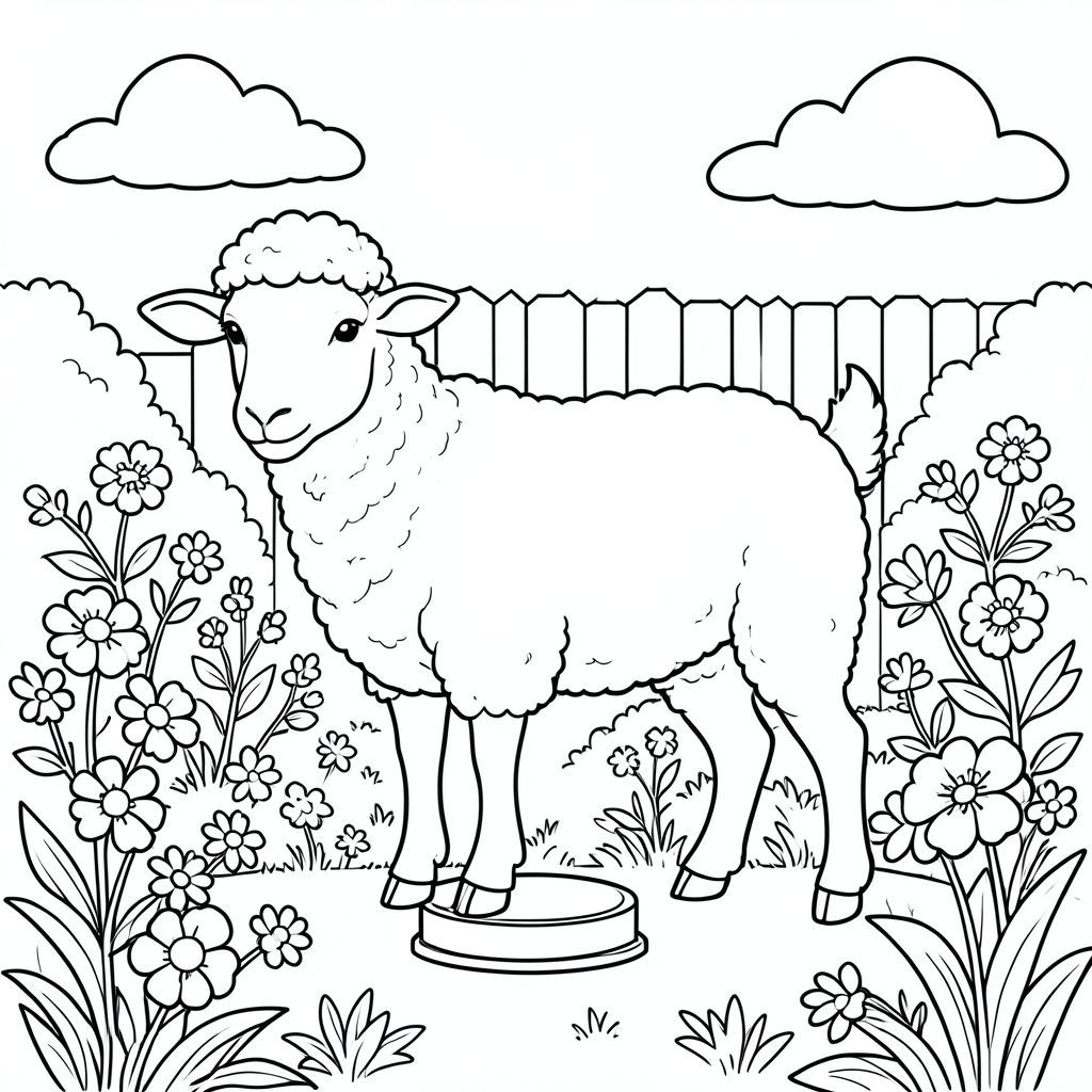 solo, chủ đề đơn, một đầu, hai mắt, hai tai, bốn chân, một đuôi, tỷ lệ tự nhiên, quy mô thích hợp trong môi trường, đúng về mặt giải phẫu, Cừu, vườn, sân sau, Bệ, hoa, tươi tốt, nắng, rõ ràng, Bầu trời, những đám mây, nhẹ nhàng, trang màu, nghệ thuật đường nét, nền trắng, solo, chủ đề đơn, đúng về mặt giải phẫu, giải phẫu hoàn hảo