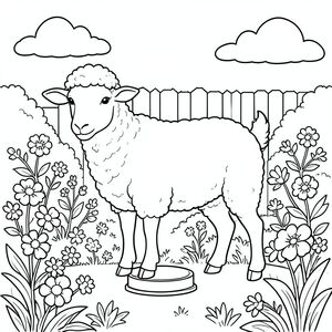 solo, chủ đề đơn, một đầu, hai mắt, hai tai, bốn chân, một đuôi, tỷ lệ tự nhiên, quy mô thích hợp trong môi trường, đúng về mặt giải phẫu, Cừu, vườn, sân sau, Bệ, hoa, tươi tốt, nắng, rõ ràng, Bầu trời, những đám mây, nhẹ nhàng, trang màu, nghệ thuật đường nét, nền trắng, solo, chủ đề đơn, đúng về mặt giải phẫu, giải phẫu hoàn hảo