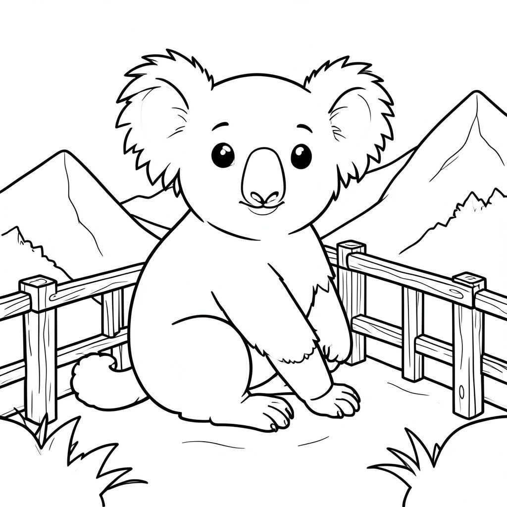 solo, chủ đề đơn, một đầu, hai mắt, hai tai, bốn chân, một đuôi, tỷ lệ tự nhiên, quy mô thích hợp trong môi trường, đúng giải phẫu, Koala, núi, quan điểm, quan sát, Lan can, Bằng gỗ, đơn giản, sạch sẽ, sách truyện, tinh khiết, trắng, trang màu, nghệ thuật đường, nền trắng, solo, chủ đề đơn, đúng về mặt giải phẫu, giải phẫu hoàn hảo