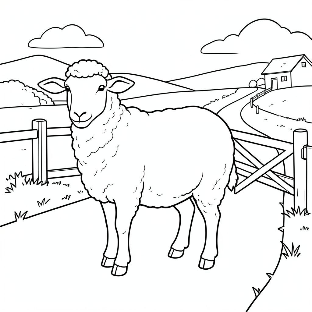 solo, chủ đề đơn, một đầu, hai mắt, hai tai, bốn chân, một đuôi, tỷ lệ tự nhiên, quy mô thích hợp trong môi trường, đúng giải phẫu, Cừu, Cổng trang trại, làn đường quanh co, đường nông thôn, nền đơn giản, dọn dẹp, tinh khiết, nhỏ, nông thôn, đơn giản, yên bình, tô màu, nghệ thuật đường, nền trắng, solo, chủ đề đơn, đúng về mặt giải phẫu, giải phẫu hoàn hảo